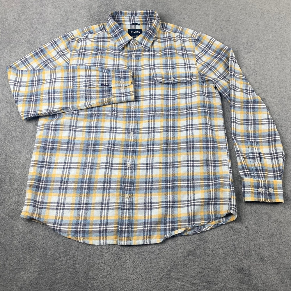 Prana Mens Medium Flannel Shirt Blue Yellow Plaid Organic Cotton Blend - Picture 2 of 11